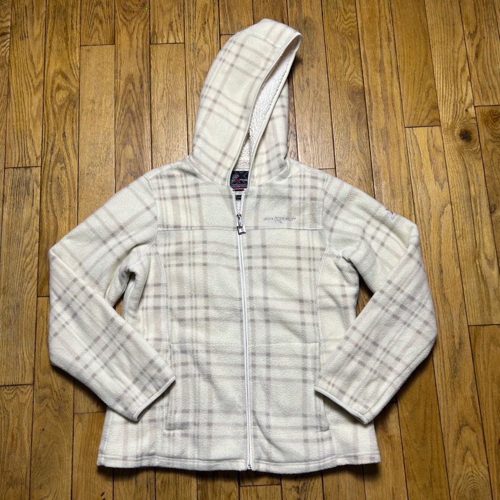 ZeroXposur Womens Plaid Fleece Hoodie Jacket Cream Sherpa Lined Full Zip Large